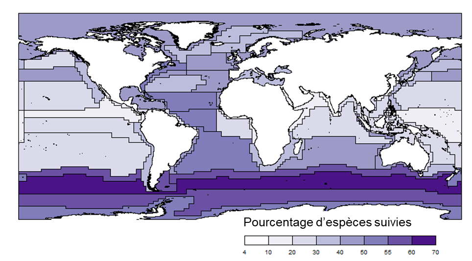 Carte représentant le pourcentage d’espèces suivies par balise électronique au sein des différentes provinces marines.