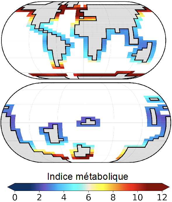 Valeurs de l’ « indice métabolique » simulées pour l’actuel (en haut) et le Cambrien, il y a 500 millions d’années (en bas)