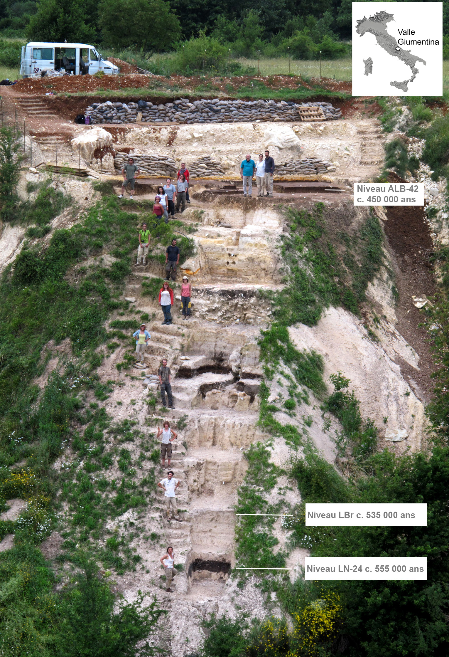 Localisation, coupe stratigraphique de Valle Giumentina (Abruzzes, Italie) et localisation des niveaux archéologiques et de leur chronologie. Cliché E. Nicoud/EFR, 2014.