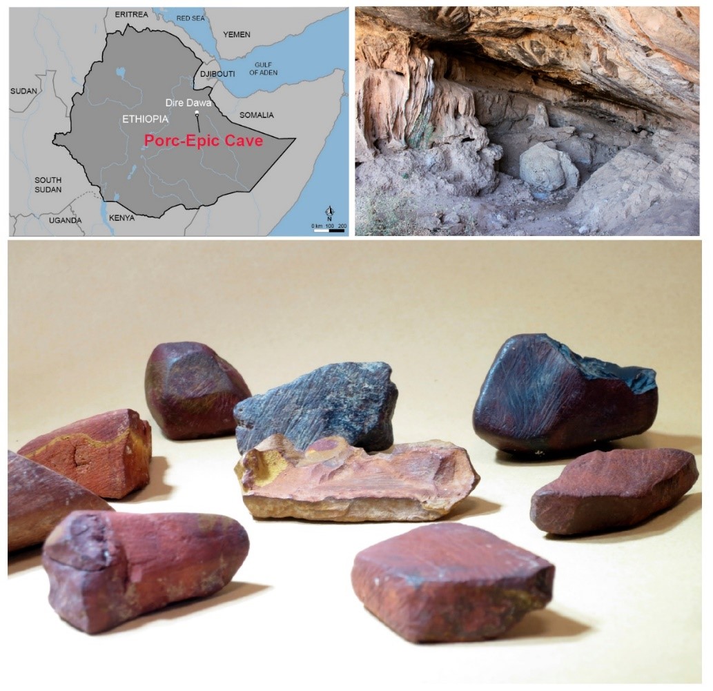 En haut à gauche : localisation de la Grotte du Porc Epic ; en haut à droite : vue de la grotte (photo : A. Herrero) ; en bas : fragments d'ocre découverts dans les couches archéologiques et analysés dans l’étude (photo : D. Rosso).