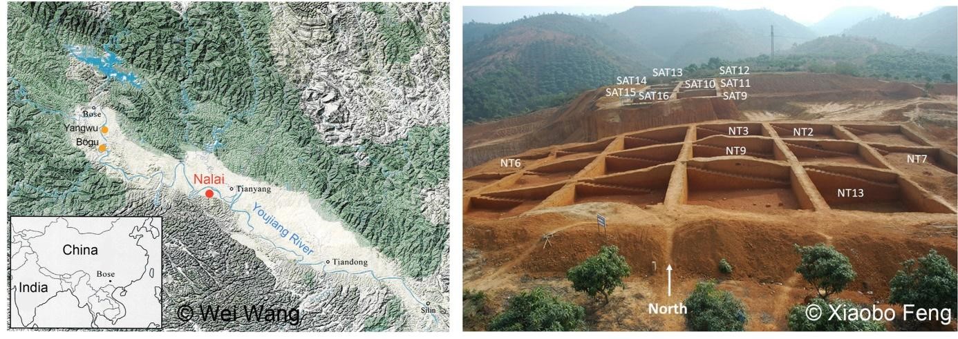 Localisation géographique des sites préhistoriques du bassin de Bose en Chine et vue générale du site de Nalai