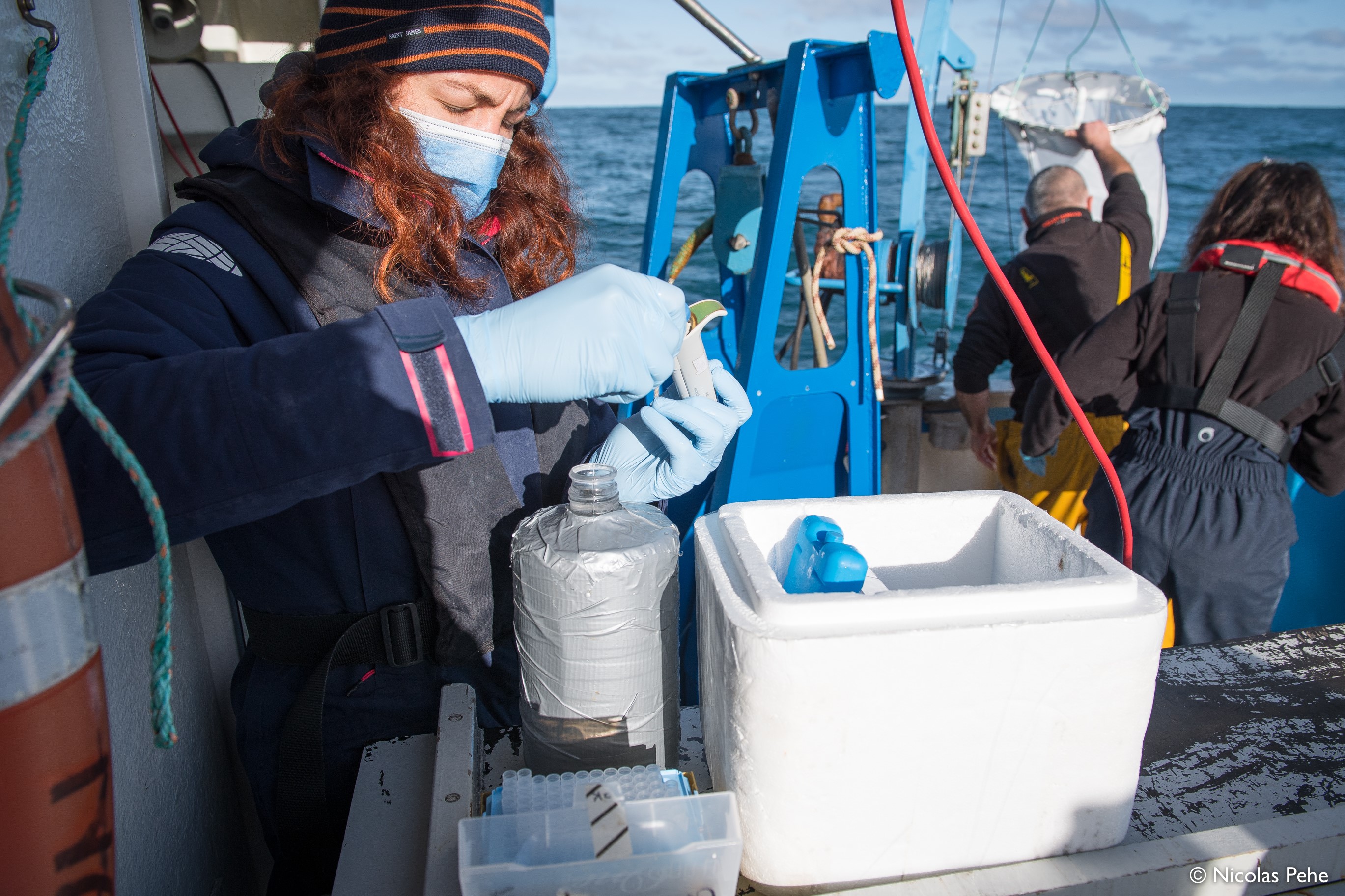 Prélèvement d'eau pour l'analyse de la composition pigmentaire du phytoplancton à bord de la Néomysis à la station de suivi à long terme SOMLIT-ASTAN au large de Roscoff (Crédit: Nicolas Pehe)