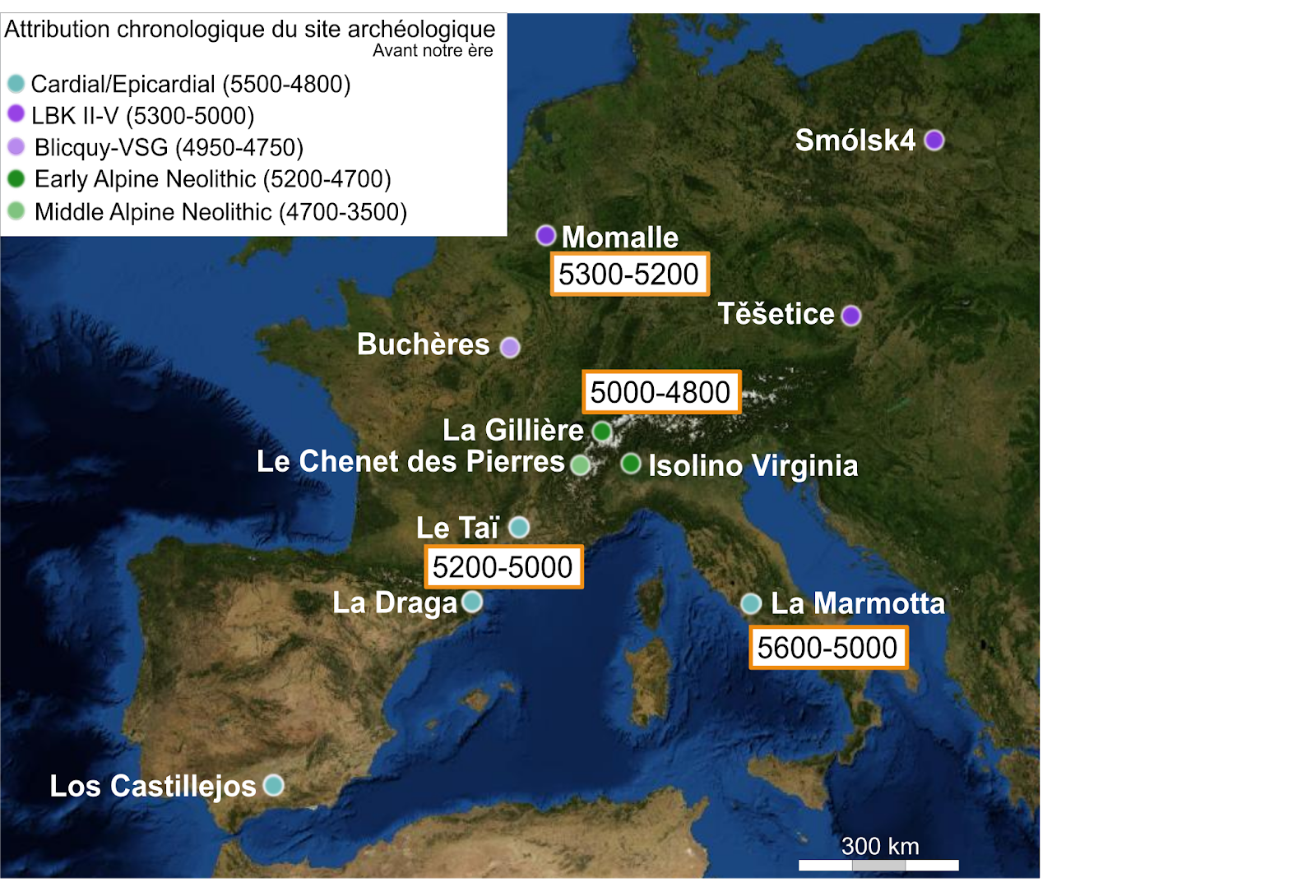 Localisation de sites néolithiques sélectionnés. Dans les rectangles orange, fourchette chronologique de l’introduction du pavot somnifère en Méditerranée, Europe tempérée nord-occidentale, Alpes occidentales.