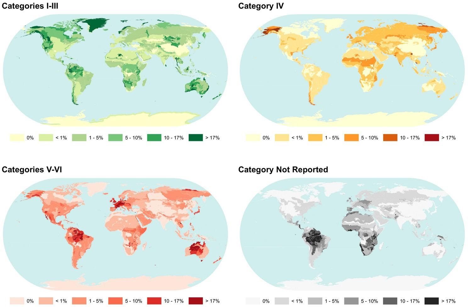 Fig. 1. Proportion de chaque écorégion couverte par différentes catégories IUCN de gestion des    aires protégées (catégories I-III : Préservation de milieu naturel remarquable au travers d’un contrôle strict des activités humaines ; catégorie IV : préservation de fragments d’habitats ou de populations d’espèces souvent en lien avec des activités humaines ; catégories V-VI : promotion d’un développement durable et de la coexistence entre activités humaines et conservation de la nature). Le seuil le plus élevé de 17 % a été choisi en référence à l’objectif d’Aichi n°11 (CDB, 2011).